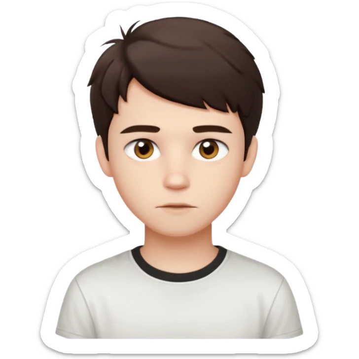 create an emoji of a teenage man, oval face. he has an English look, very messy dark brown hair, dark brown eyes, pale skin, natural lips. he wears a short sleeve very white shirt sticker