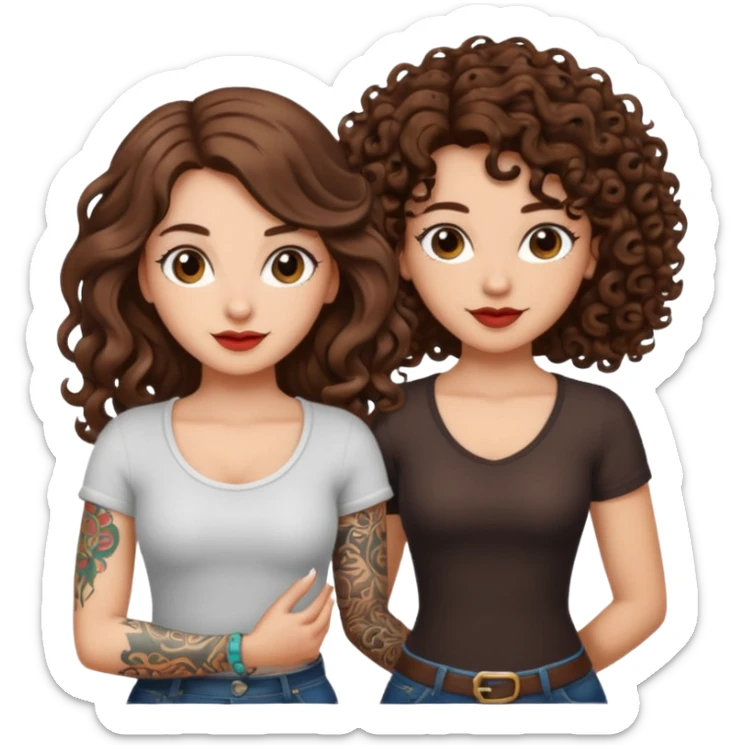 success scroll — long wavy brown hair tattooed woman and short tight curly brown hair woman — proud pose sticker