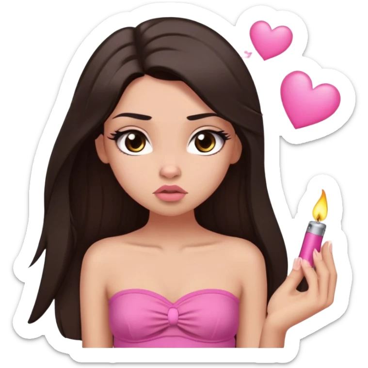 girl with lighter skin, dark brown long straight hair falling in front of her body, pouty shiny lips without cupid's bow, large eyes, lighter button nose, long oval-shaped face, wearing a pink bandeau top with straight neckline, looking directly at camera with hands down at sides sticker