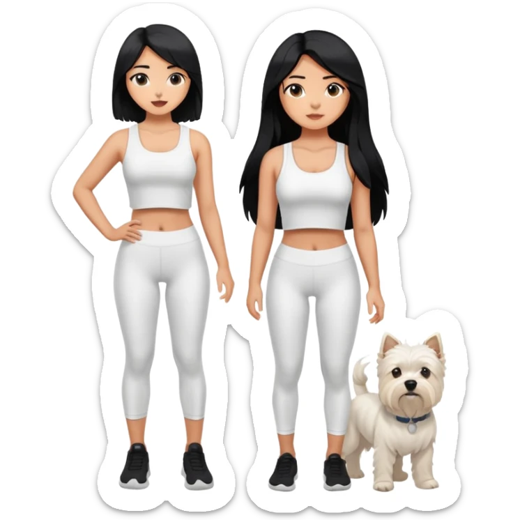 A girl with long black hair who wears white crop top and black legging, she is holding a west highland terrier sticker