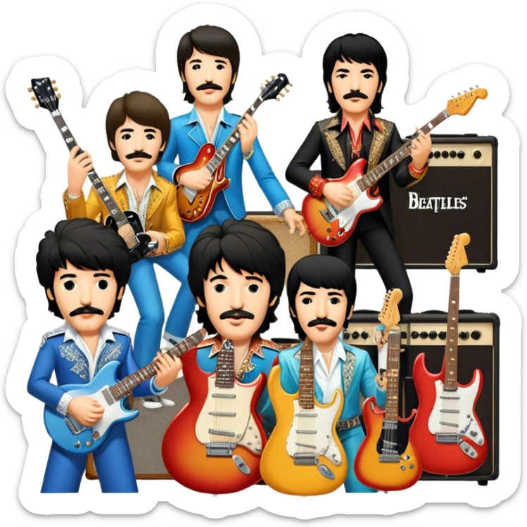 Rock music icon: dynamic collage of global rock legends like The Beatles, Jimi Hendrix, Elvis Presley, Led Zeppelin, Queen, and Nirvana, surrounded by guitars, amplifiers, and stage lights. Not all have mustaches, reflecting diverse styles. Transparent background. sticker
