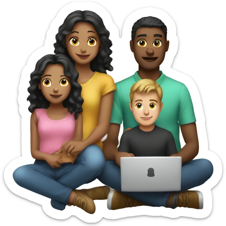 2 girl and 3 man each of them holding laptop and sit together  sticker
