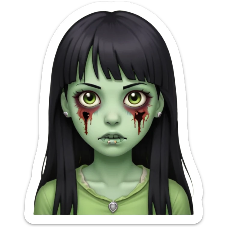 Zumbi girl pretty and Long, straight black hair with bangs, With a nose piercing sticker