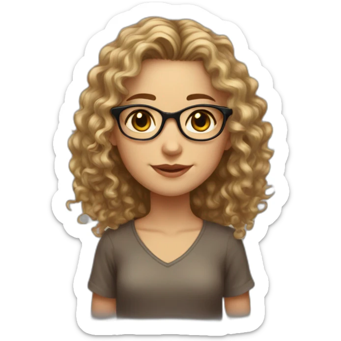 Caucasian girl, long dark hair, curly hair, brown eyes, golden glasses with tiny frames, just face sticker
