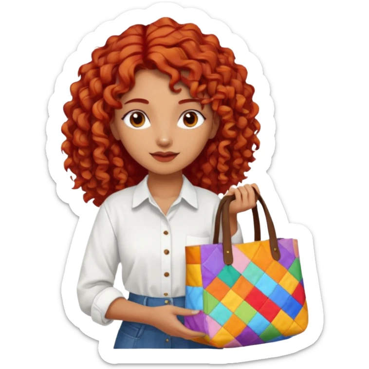 a pretty tan indian bratz girl with curly red hair, wearing an oversized patchwork white shirt, carrying a tote bag sticker