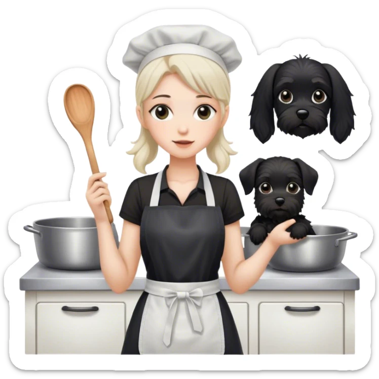 pale girl with long back hair wearing black long shirt wearing apron and baking holding black floppy ear schnauzer sticker