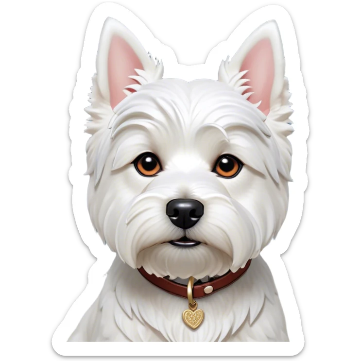 Cinematic Noble West Highland White Terrier Portrait Emoji, Poised and regal, with a compact, sturdy build and a pristine, well-groomed pure white coat, deep-set soulful dark eyes, Simplified yet sharp and sophisticated features, highly detailed, glowing with a soft, dignified glow, high shine, intelligent and loyal, stylized with an air of confidence, focused and attentive, soft glowing outline, capturing the essence of a watchful and determined companion, so majestic it feels as though it could trot out of the screen with effortless authority! sticker