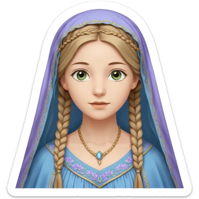 Joven de unos 30 años, de aspecto dulce y elegante.
Piel clara, ojos (pueden ser azules o verdes)
Rubio o castaño claro, largo, con trenzas o velo.
Vestido largo de tonos suaves (blanco, azul o lavanda), con bordados dorados; un manto o toca fina cubriendo la cabeza. Que se vea todo el cuerpo sticker