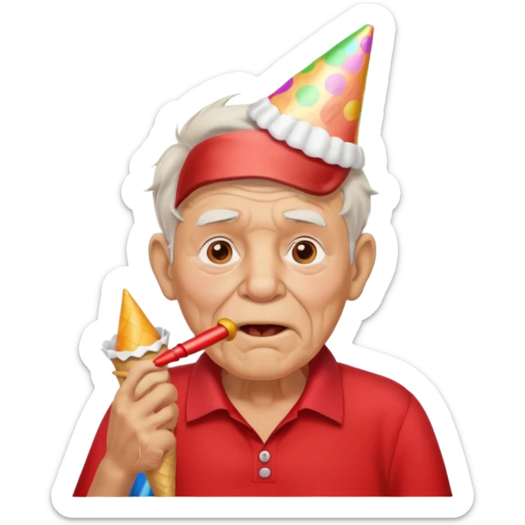 old man with red shirt and birthday cone, party horn on his mouth sticker