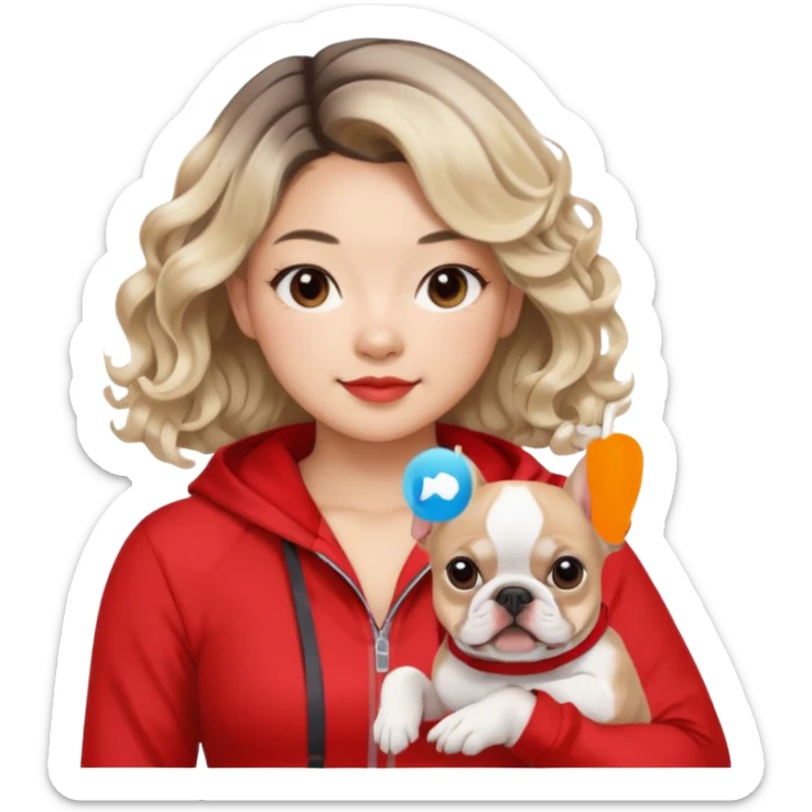 An Asian Lady With Ash Blonde Balayage, Loose Curls, In Red Gym Outfit, Holding A French Bulldog sticker