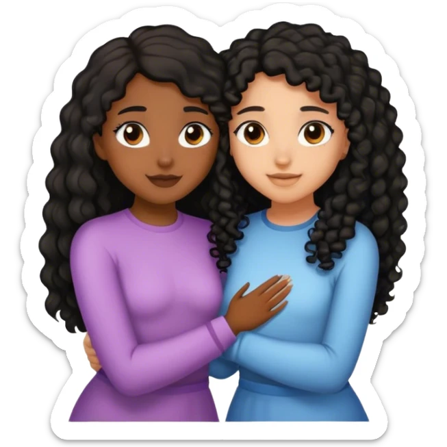 two girls embracing. one girl with brown skin and black curly hair and one with light brown skin and black straight long hair  sticker