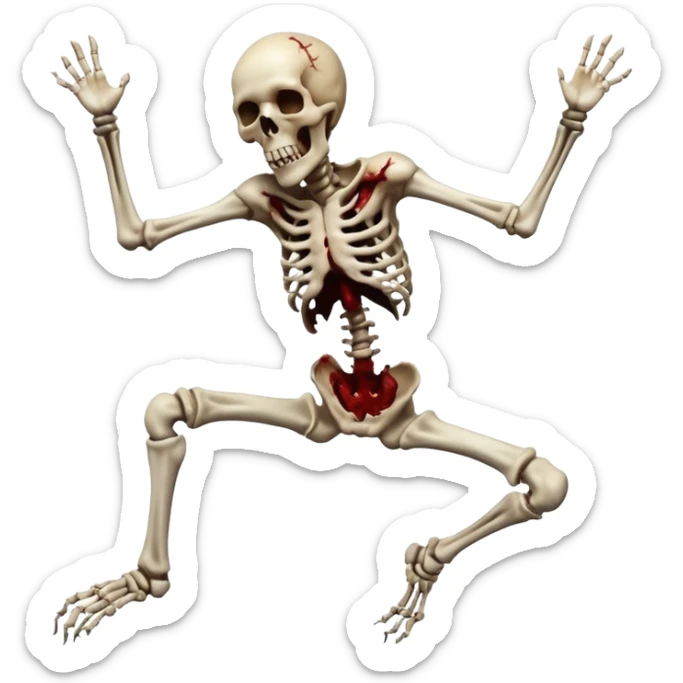 3D rotting corpse jumping in the air. In the style of your bloody skull art sticker