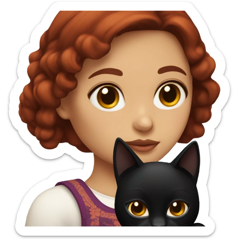 Mexican girl with black eyes and dark red hair holding a black cat sticker