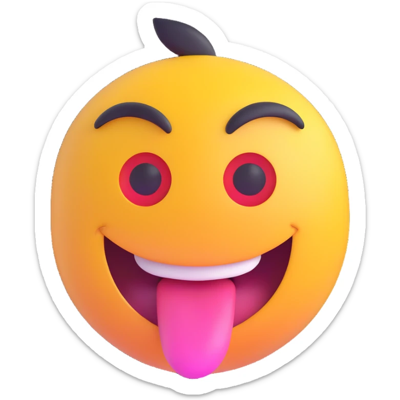 3D emoji with a zany face, one eye larger, tongue sticking out, wild smile, vibrant and glossy, front facing sticker