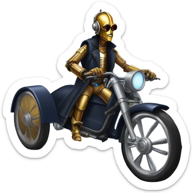 Bounty hunter C-3PO Jedi wearing a pair of navy-blue rimmed steampunk goggles, hat, leather chaps, fringe jacket riding a relaxed sci-fi 3 wheeler trike steampunk rat rod motorcycle with large fenders and saddlebags in desert town  sticker