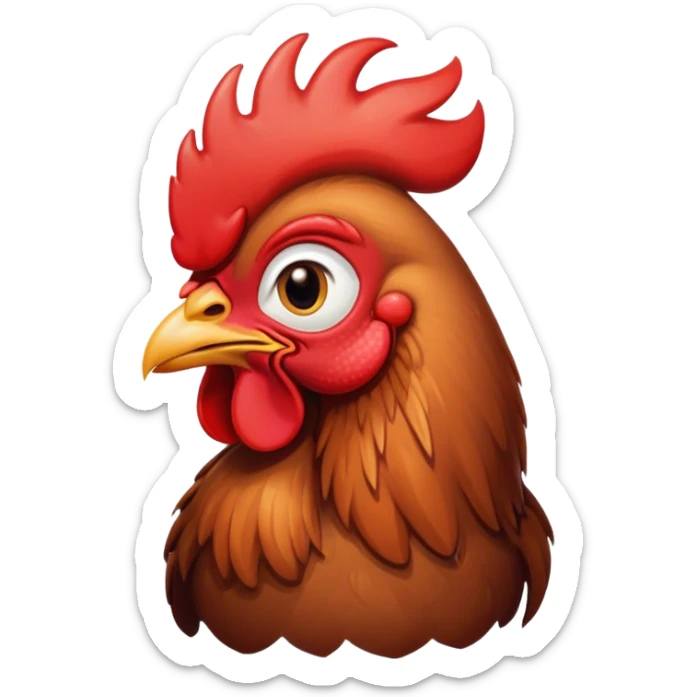 Cinematic Cute Brown Rooster Portrait Emoji, Head tilted playfully and inquisitively, featuring a glossy, immaculate brown plumage with a vibrant red comb, round, sparkling warm eyes filled with curiosity, Simplified yet irresistibly adorable features, highly detailed, glowing with a warm, friendly glow, high shine, affectionate and spirited, stylized with a touch of farmyard whimsy, bright and endearing, soft glowing outline, capturing the essence of a mischievous yet loving rooster, so playful it feels like it could strut out of the screen and into your arms! sticker