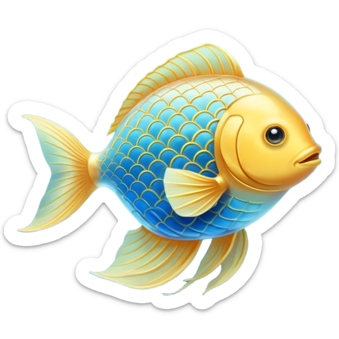 Ethereal golden fish in the shape of an omega symbol, radiating gentle waves of energy that flow toward a glowing brain and heart. The fish appears translucent and luminous, with scales that shimmer with healing properties, all suspended in a dreamy blue atmosphere. sticker