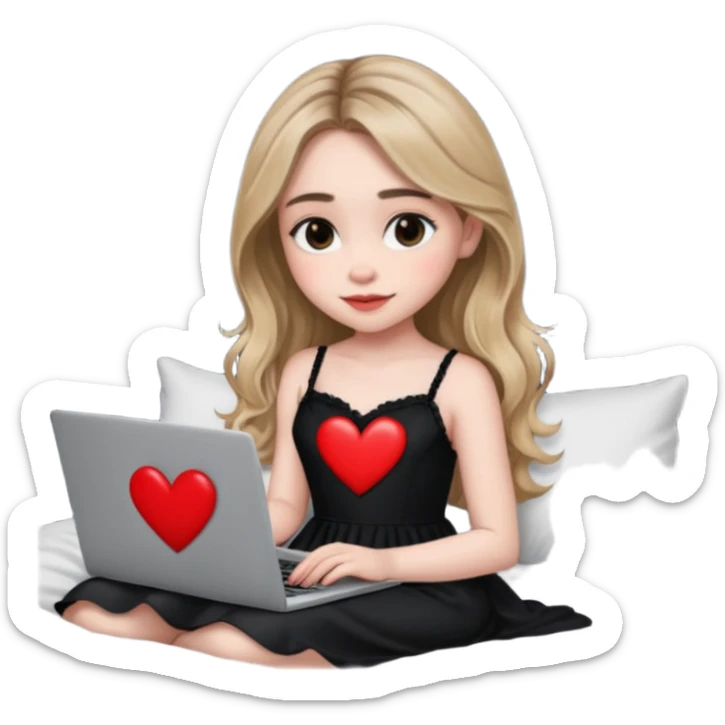 Sabrina carpenter in a black nightdress sitting on a bed with her laptop open and there is a heart on her laptop  sticker