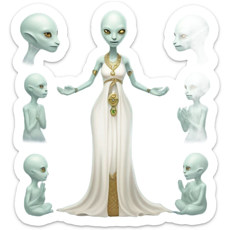 a Reptilian alien woman,in meditation, white dress like a priestess sticker