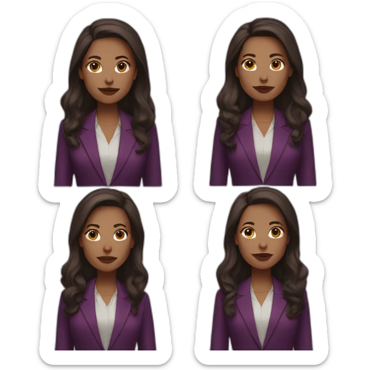 a white woman, dark brown long hair, wearing marsala lipstick and using a purple blazer sticker