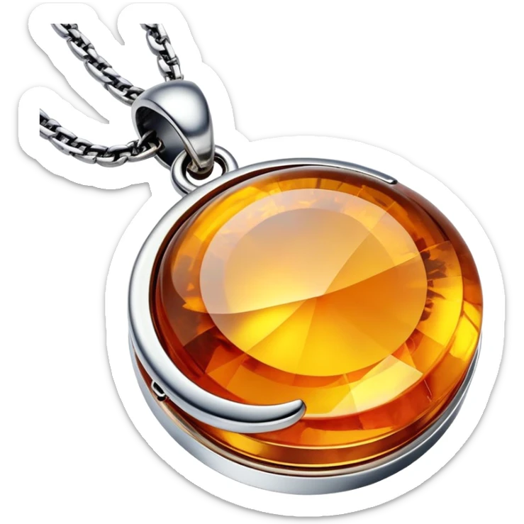 extreme close up of a round cut holographic amber charm with silver metal accent and box chain sticker