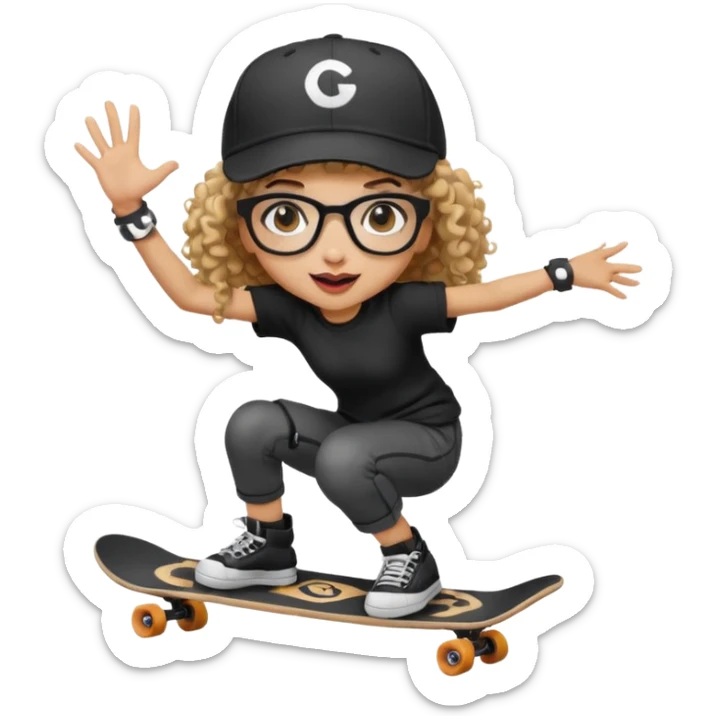 ["An excited girl with light skin, curly hair, wearing a baseball cap and square glasses, dressed in goth fashion, is skateboarding while holding a camera."] sticker