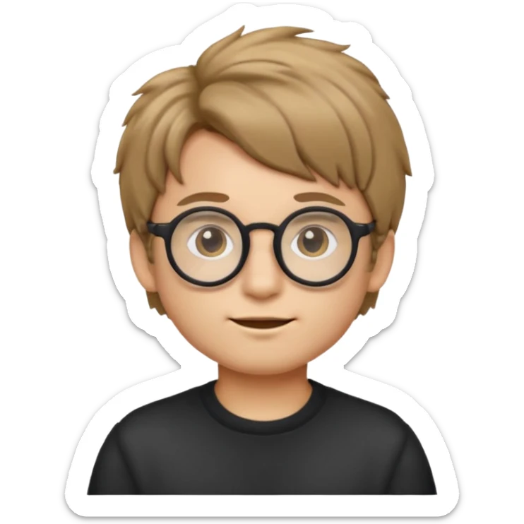 boy emoji, dark blond hair, ear‑length, fluffy and voluminous, wearing round glasses, minimalistic emoji style, cute and colorful sticker