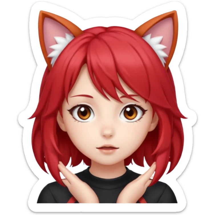 cute anime girl with cat ears, red blowing hair sticker