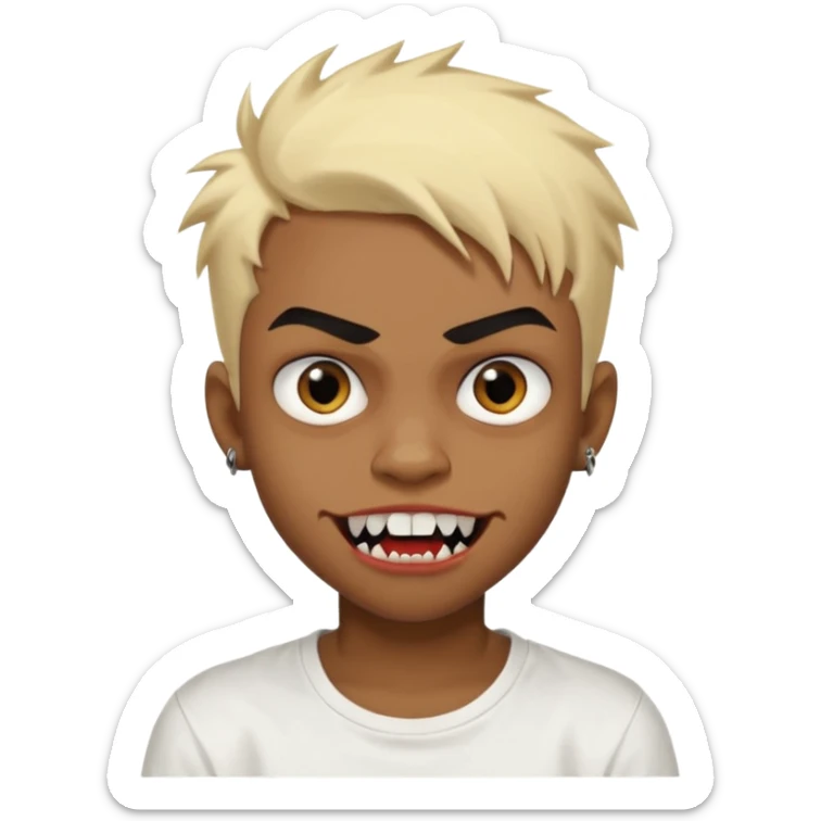 Black Male Teenager with Short punk messy blonde hair, Dark brown bushy eyebrows large expressive golden-brown eyes, wearing a plain white t-shirt, Dark Brown skin color. vampire tooth sticker