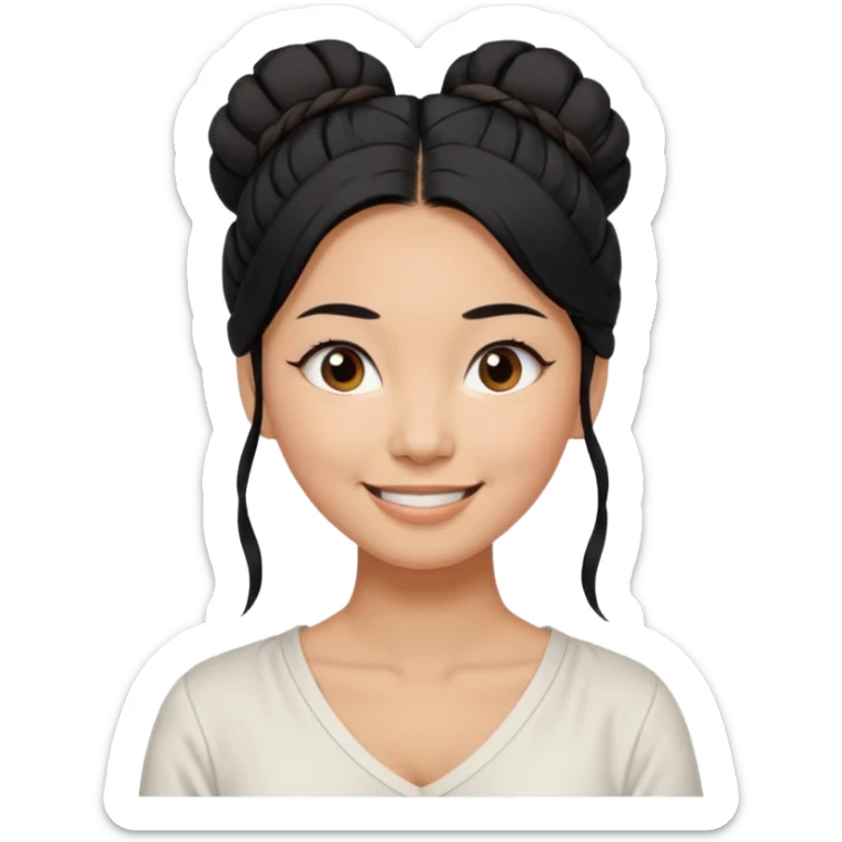 medium tan asian woman with long black hair tied in a high messy bun, round brown eyes, white v neck blouse. shes smiling and friendly. sticker