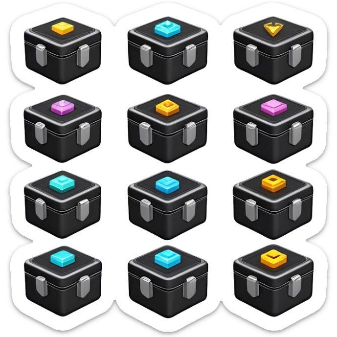 Clash of Clans aesthetic: Cinematic Playful Sci-fi Loot Crate Emoji, rendered in a 3D vector-style similar to standard emojis with minimal shading and bold, simplified shapes. A compact, futuristic storage box with sleek metallic panels and digital accents, softly glowing with a cosmic treasure charm. Simplified yet unmistakably iconic, highly detailed and consistent, glowing with a soft radiant shine and high gloss. Stylized with a touch of intergalactic mystery and a soft glowing outline, capturing the essence of a futuristic reward chest with a friendly, playful allure! sticker