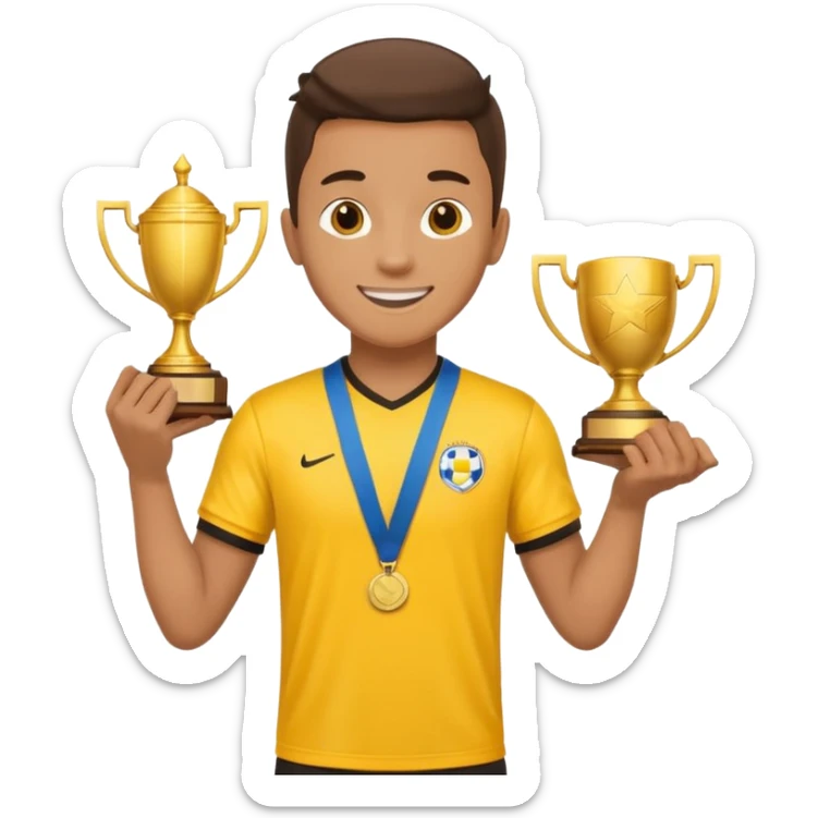 happy soccer player with a first-place medal and a trophy in yellow t-shirts sticker