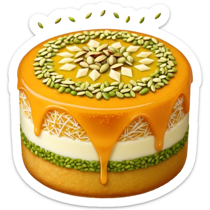 A small round emoji of traditional kanafeh with golden-orange crispy threads, a gooey white cheese center, and a light sprinkle of green pistachios. Warm and delicious-looking. sticker