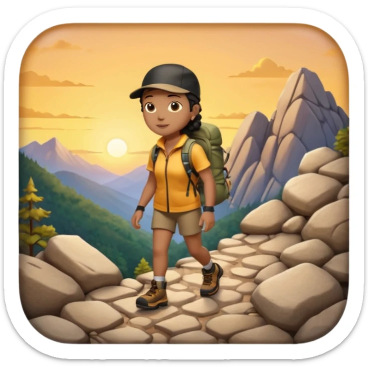 A 3D cartoon hiker silhouette standing on a rocky path at sunset, warm golden light, Memoji-style rendering. inside photo frame sticker