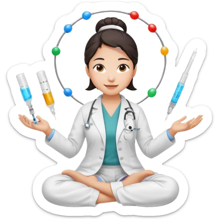 emoji of an asian woman with a single bun in a white lab coat sitting cross legged with micropipettes levitating in an arc around her head sticker