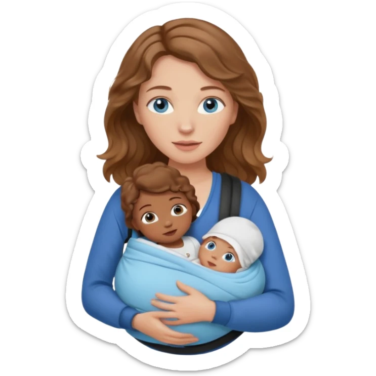 Caucasians light brown wavy haired woman with brown skinned bay in carrier. Mom has blue eyes sticker