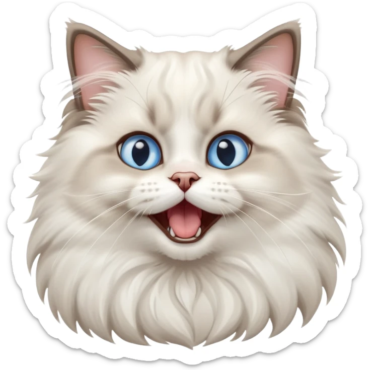 cinematic-adorable-big-eyed-fluffy-ragdoll-cat-portrait-emoji,-head-tilted-playfully-with-a-cute,-yawn,-white and grey fur,-simplified-yet-irresistibly-cute-features, blue eyes sticker