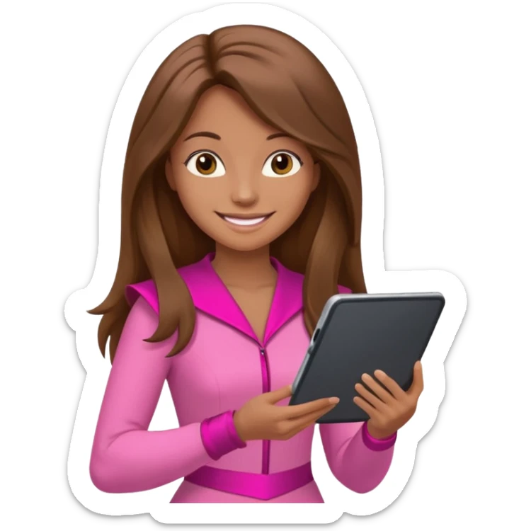 woman with brown long hair and pink costume with tablet sticker