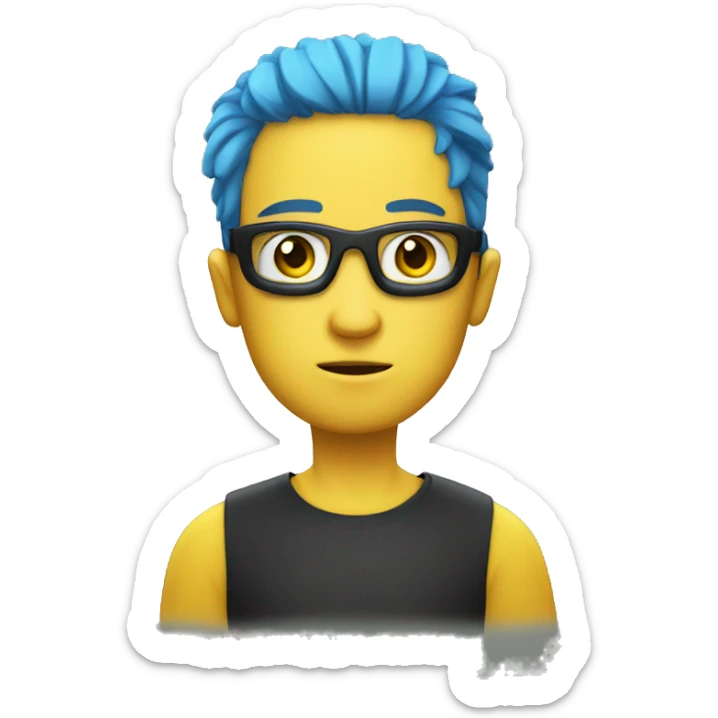 serious yellow boy in blue shirt and black hair, with a snorkel sticker