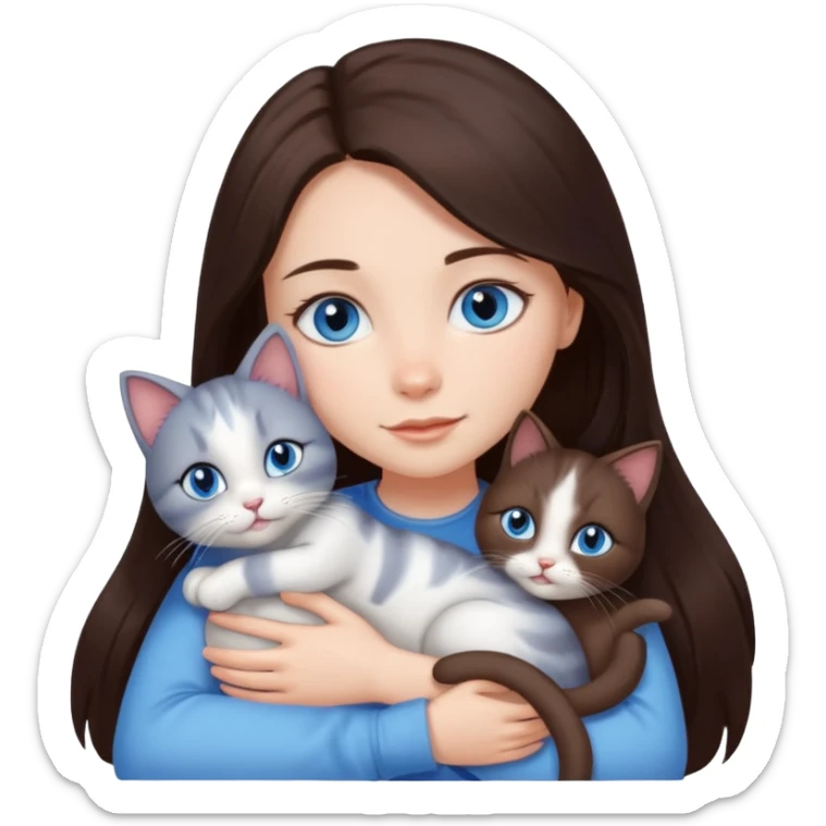 a pretty girl with long dark 
brown hair, with blue eyes, hugs 3 different natural coloured small cats sticker