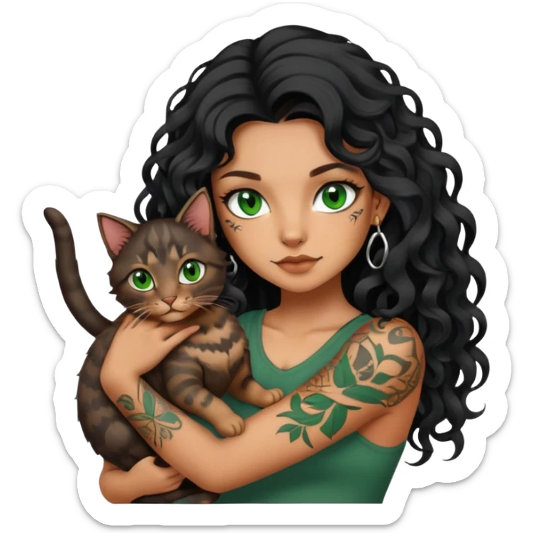 girl with long black Loose curls hair and tattoos and a green eyes cat sticker