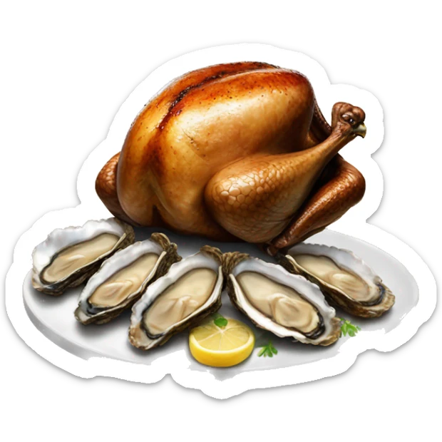 Standing Turkey next to slices of very Burnt dark toast and oysters sticker