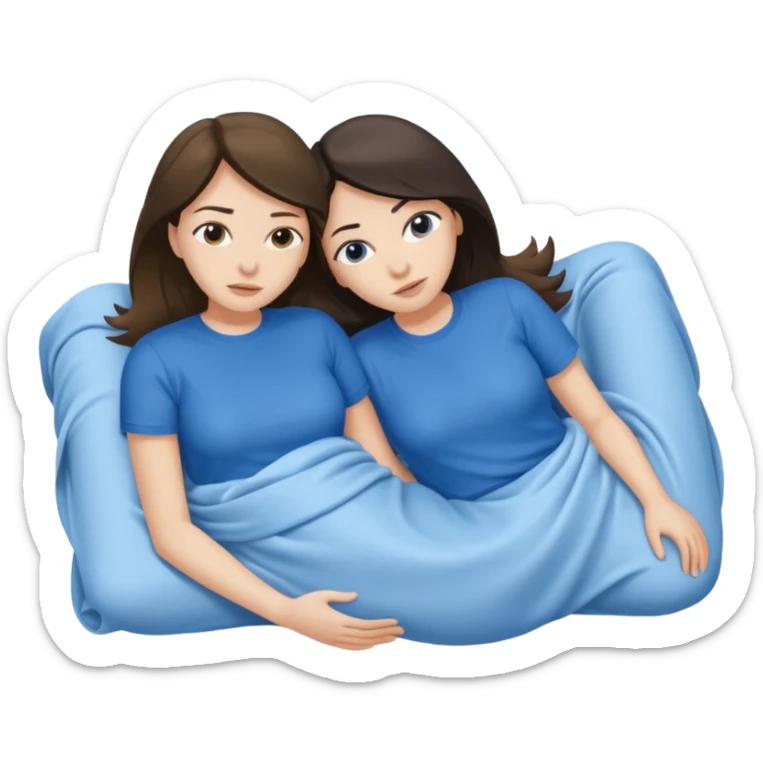 two white brunette women lying down full body on top of each other wrapped around each other one wearing a blue shirt they should be melting into each other sticker
