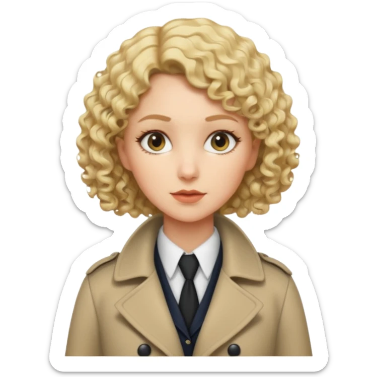 detective woman in long coat, blond short curly hair, white skin sticker