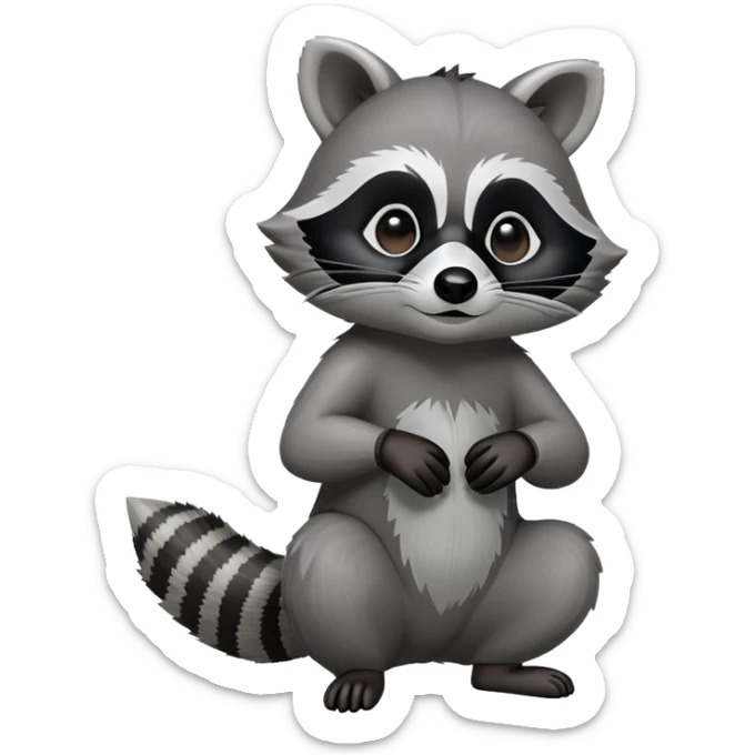 Cinematic-Raccoon-Realistic-hunched Full-Body on all fours-Emoji – Tail flicking lazily, head tilted dramatically, thick grey fur with a signature black mask, sharp and alert ears, simplified yet realistic focused features, highly detailed, glowing with an almost sarcastic glow. sticker