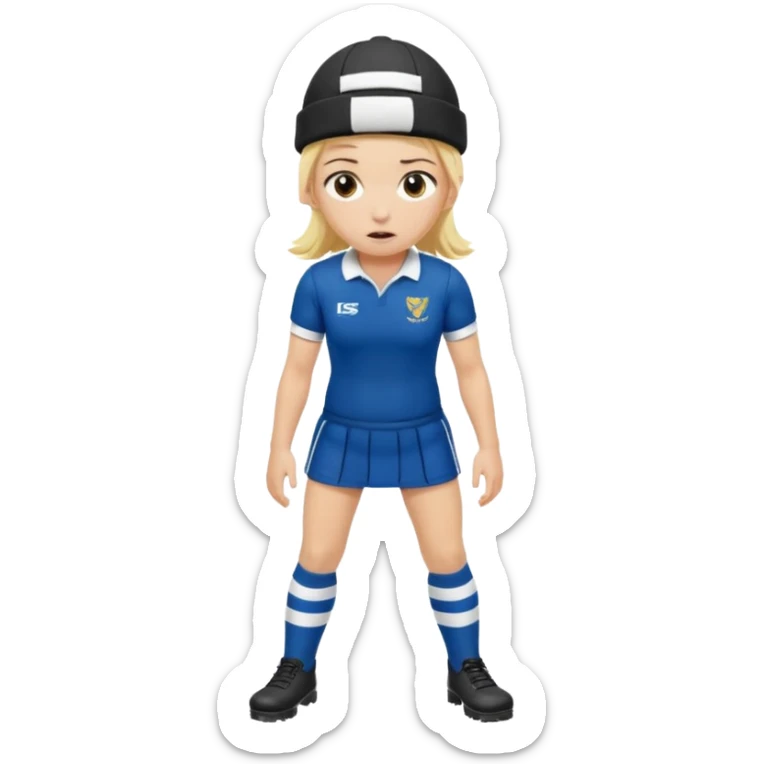 chica rubia con cara de miedo vestida con equipación de rugby y una casqueta en la cabeza metida en unas botas de presoterapia sticker