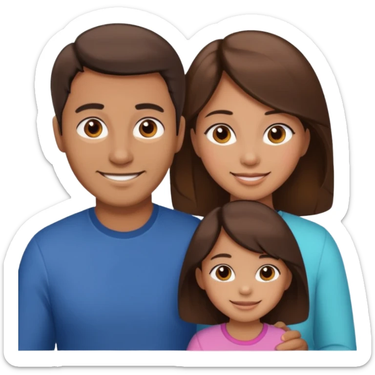 family dad with brown hair, mom with brown hair, little girl with tan skin and black hair sticker