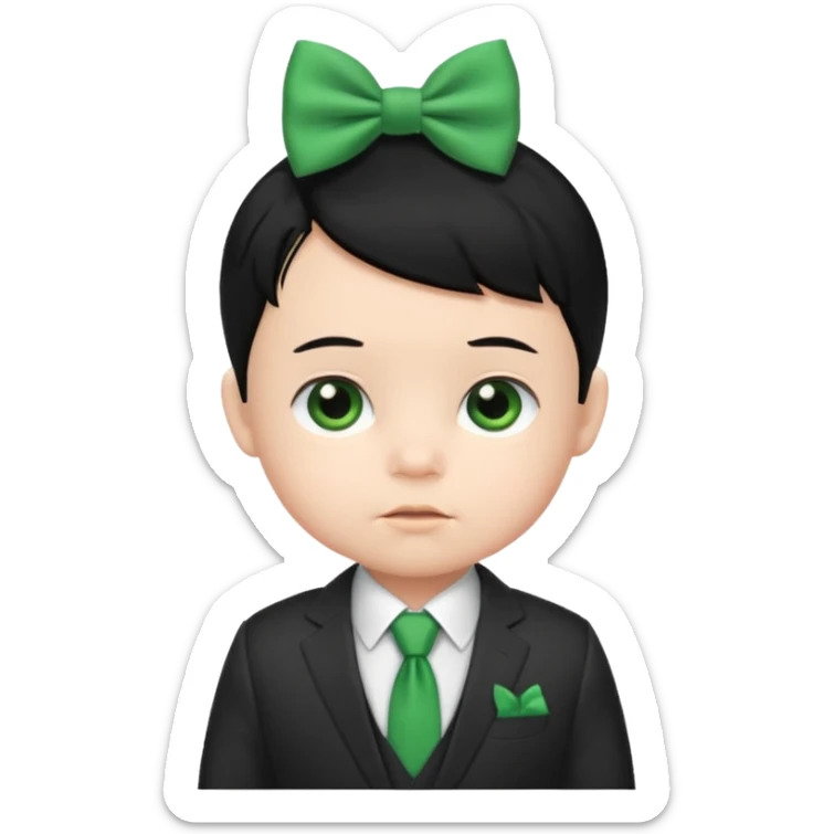 baby boy black hair white skin in suit, with green bow sticker
