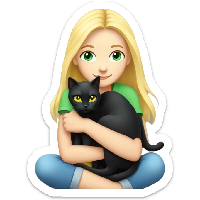 blonde with blue eyes girl hugs a black cat with green-yellow eyes blonde girl hugs a gray cat with green-yellow eyes sticker