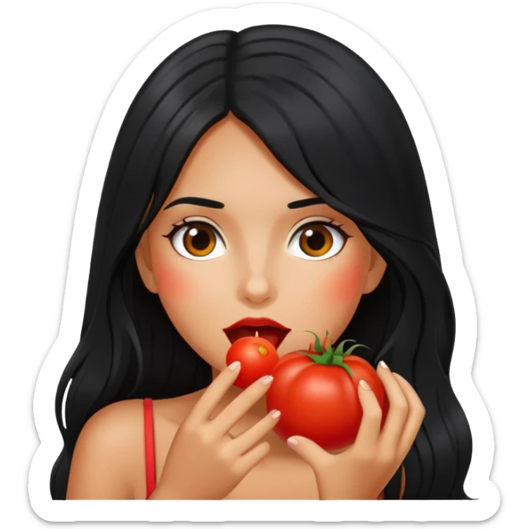 Pretty tanned girl with long black hair, eating tomatoes sticker